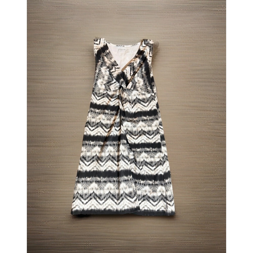 Eddie Bauer Small A-Line Dress with Twist Front Boho Style Chevron Gray Black